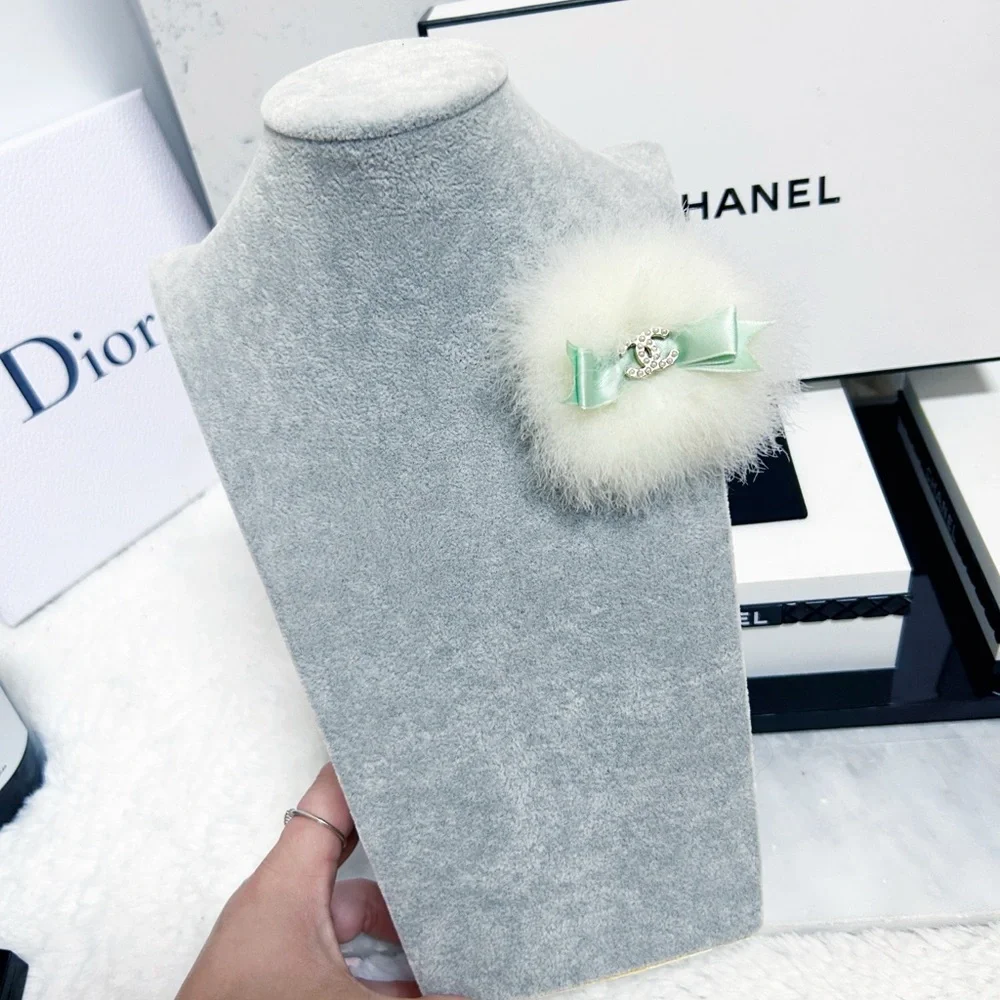 Authentic Chanel ULTRA RARE 04’ Runway Angora, Mint Bow & Pearl CC Brooch / Pin